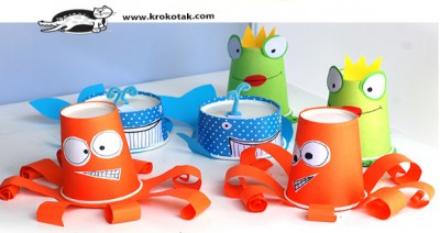 Monstruos y animales con vasos y tarrinas de papel