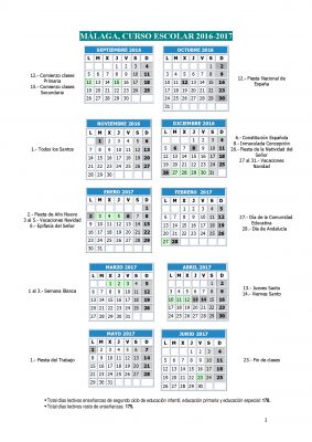 Calendario escolares 2016-2017  Malaga