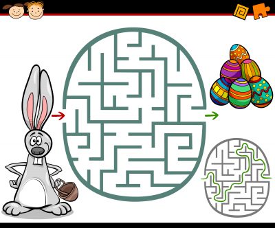 Cartoon Illustration of Education Maze or Labyrinth Game for Preschool Children with Easter Themes