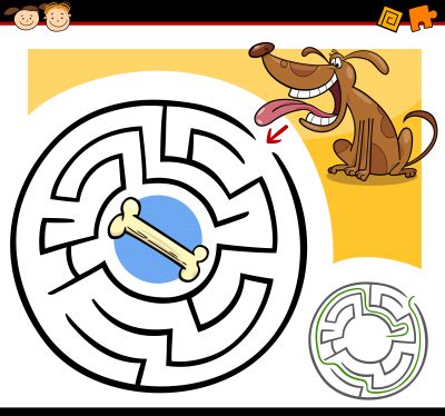Cartoon Illustration of Education Maze or Labyrinth Game for Preschool Children with Funny Dog and Dog Bone