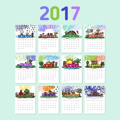2017 calendar template with colorful doodle decorative elements. Week starts Sunday. Vector illustration.