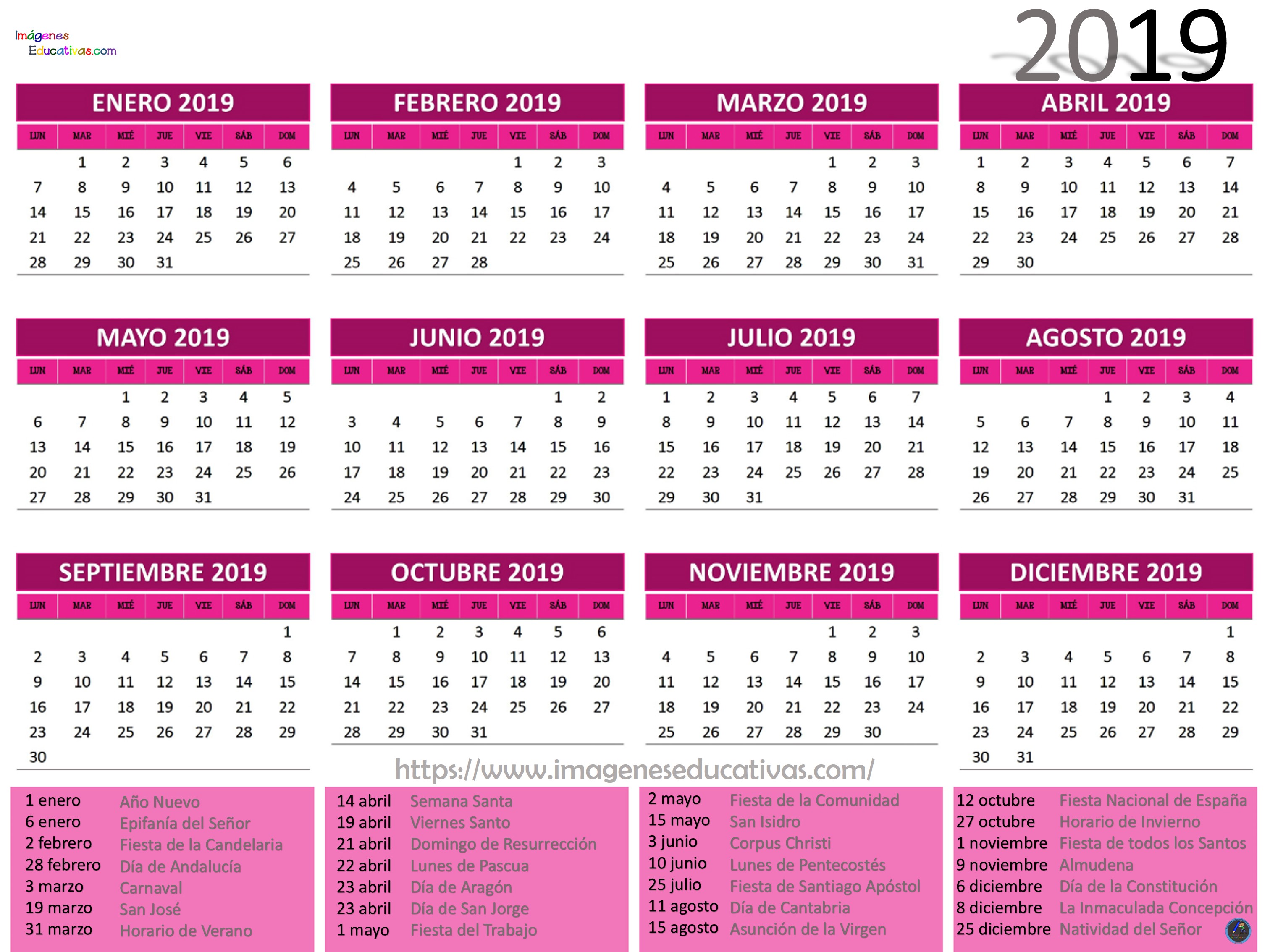 Calendario 2019 para imprimir y personalizar Calendario 2019 para imprimir y personalizar