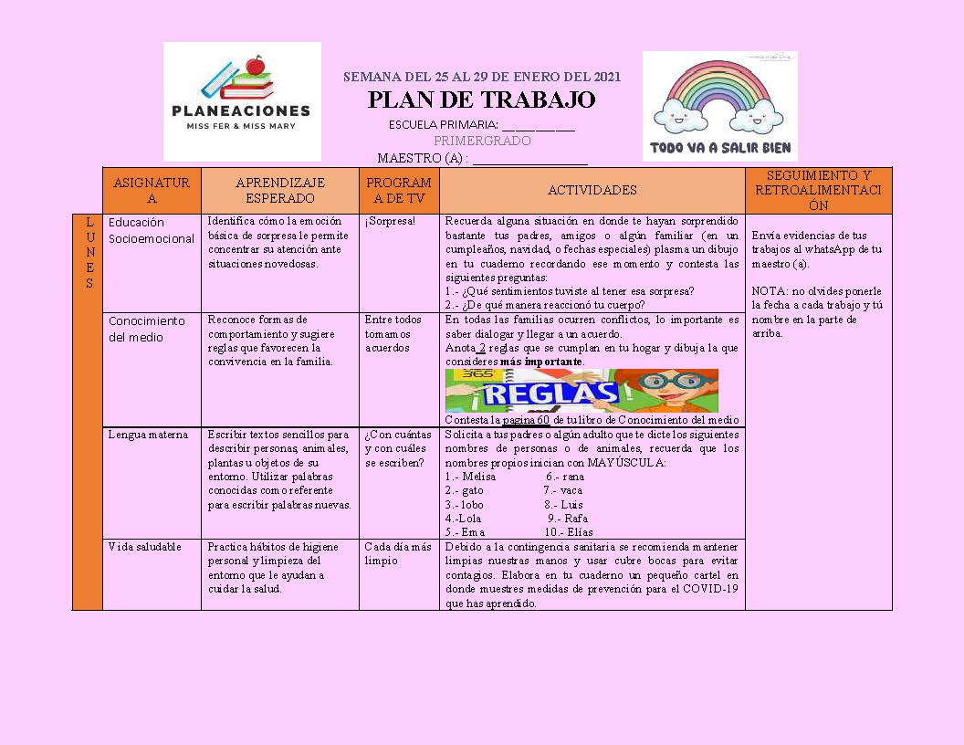 PLAN DE TRABAJO SEMANA 20 del 25 AL 29 de ENERO GRADOS 1º,2º Y 3º TODAS ...