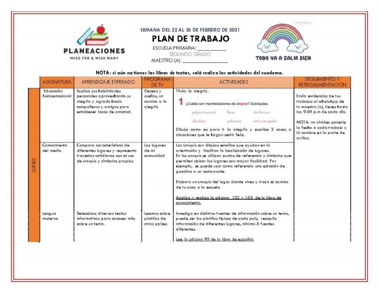 EDITABLES PLAN DE TRABAJO SEMANA 24 del 22 AL 26 de FEBRERO GRADOS 1º ...