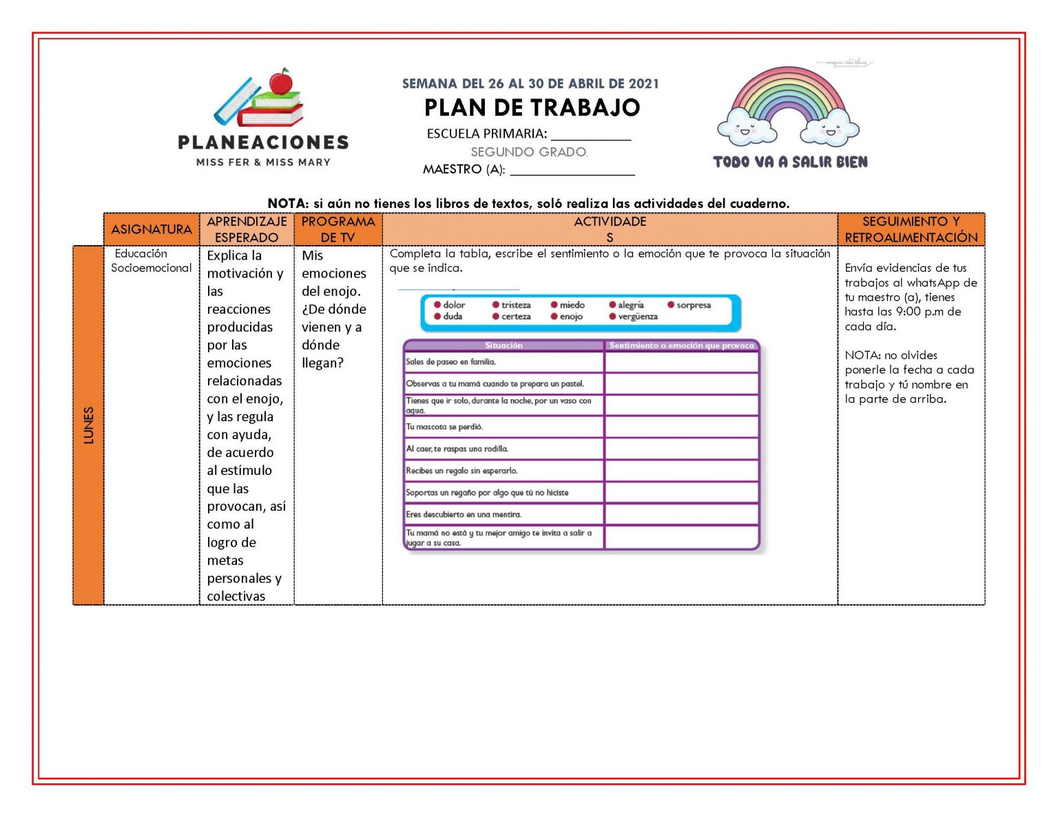 EDITABLES PLAN DE TRABAJO SEMANA 31 del 26 AL 30 de ABRIL GRADOS 1º,2º ...