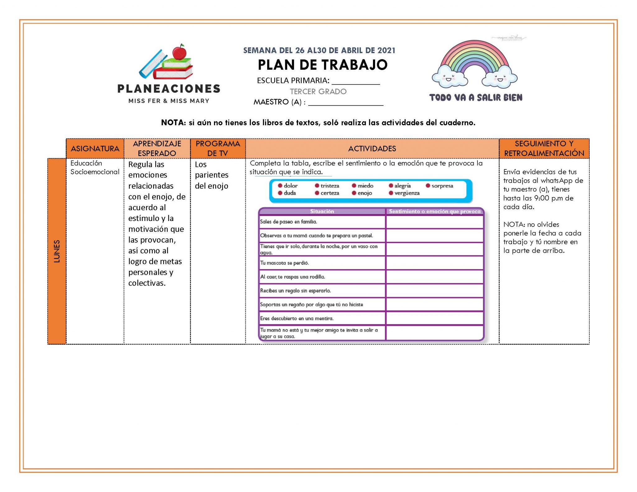 PLAN DE TRABAJO SEMANA 31 del 26 AL 30 de ABRIL GRADOS 1º,2º Y 3º TODAS ...