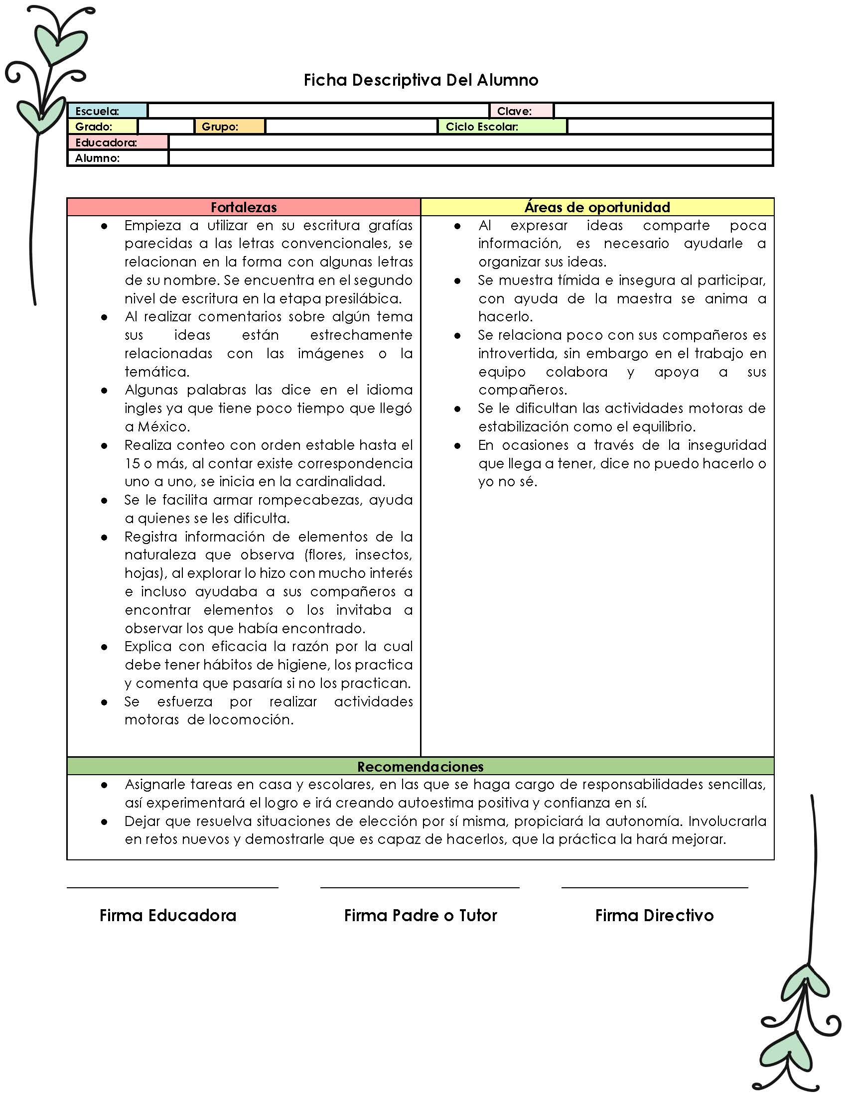 Ficha Descriptiva Del Alumno Para Preescolar Primaria Y