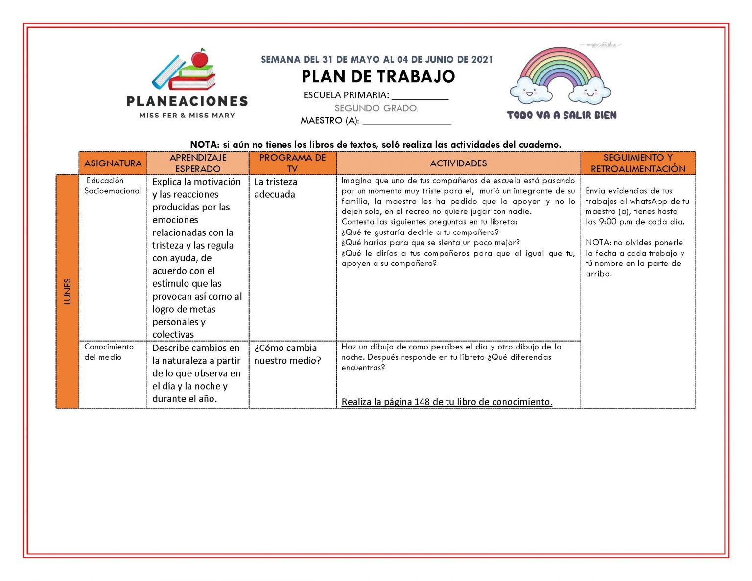 EDITABLE PLAN DE TRABAJO SEMANA 36 del 01 AL 04 DE JUNIO GRADOS 1º,2º Y ...