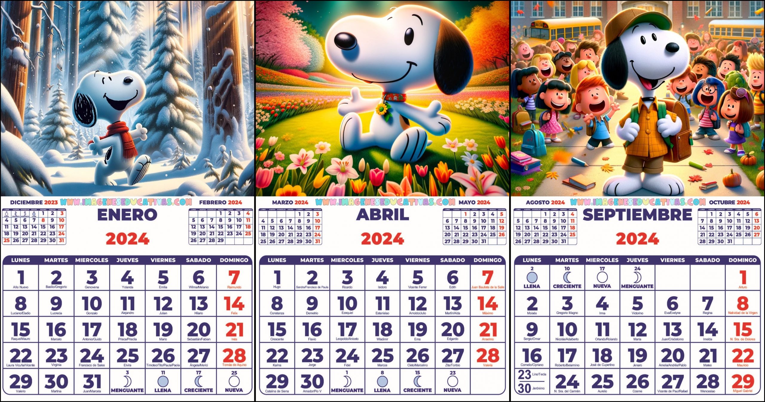 CALENDARIO 2024 SNOOPY FASES LUNARES Imagenes Educativas