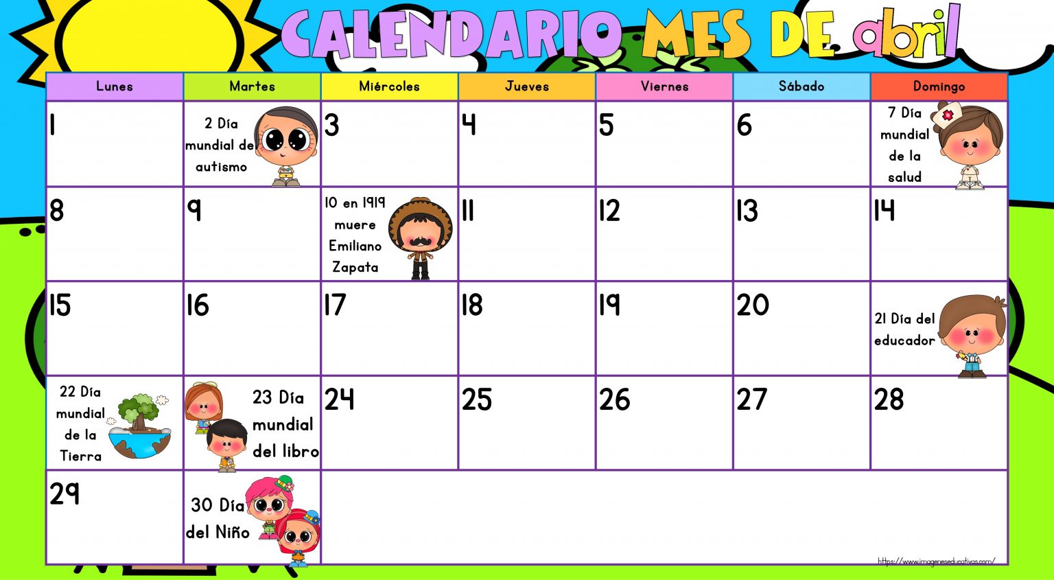 CALENDARIO MES DE ABRIL CON EFEMERIDES EN BLANCO Y NEGRO PARA RELLENAR ...
