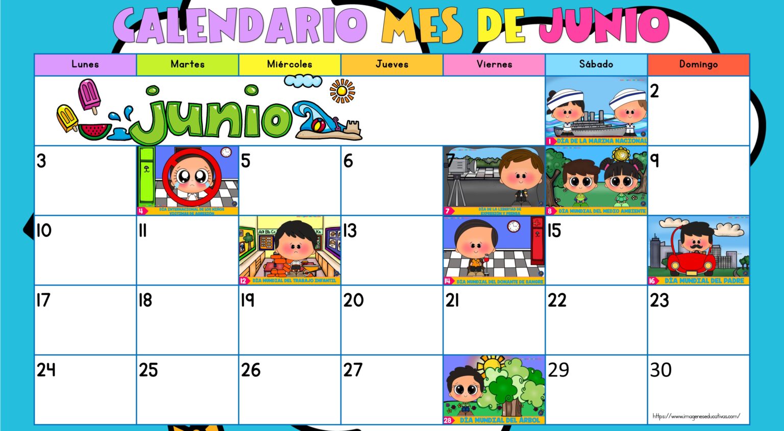Calendario mes de junio con Efemérides para rellenar - Imagenes Educativas