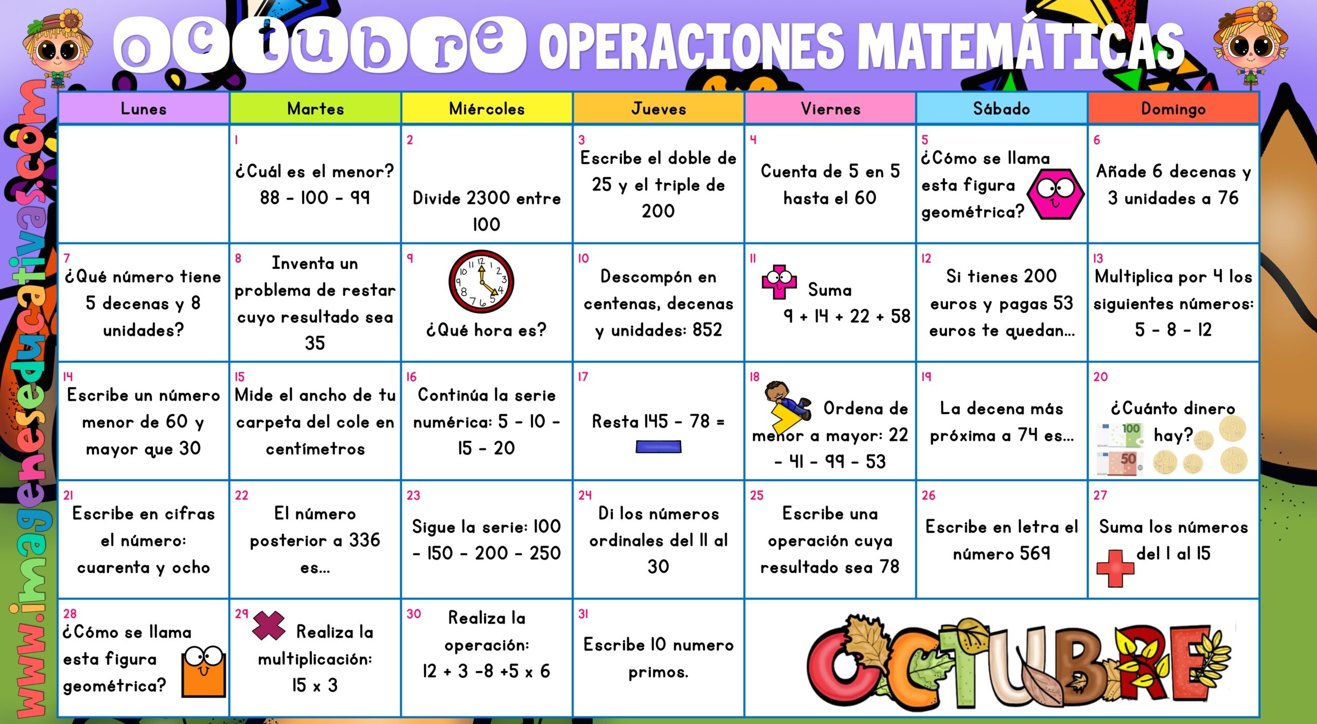 Calendario operaciones matemáticas de octubre 2024 (6) - Imagenes ...
