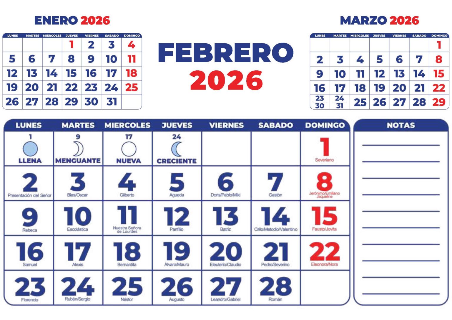 Calendario 2026 santoral y fases de la Luna - Imagenes Educativas