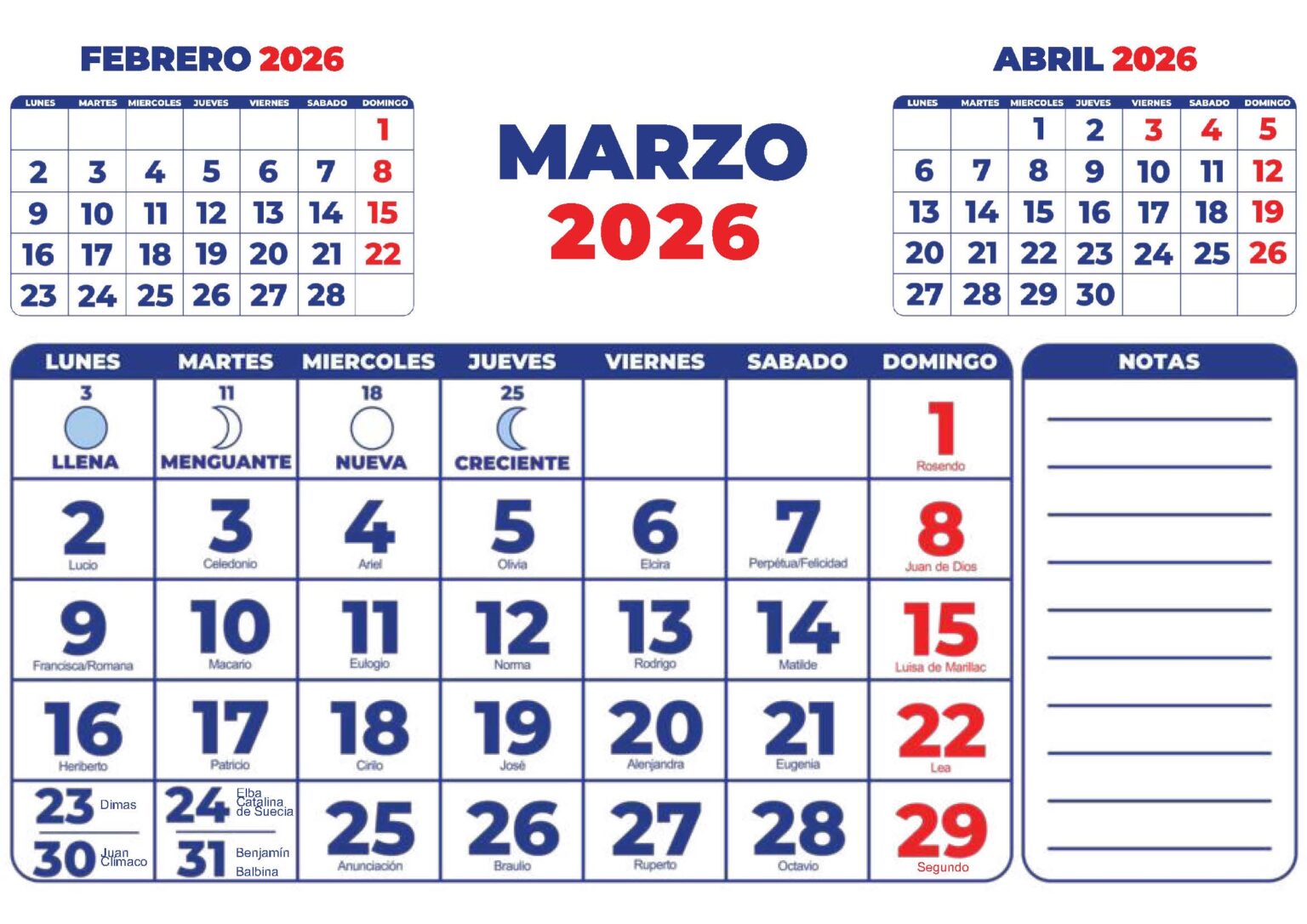 Calendario 2026 santoral y fases de la Luna - Imagenes Educativas