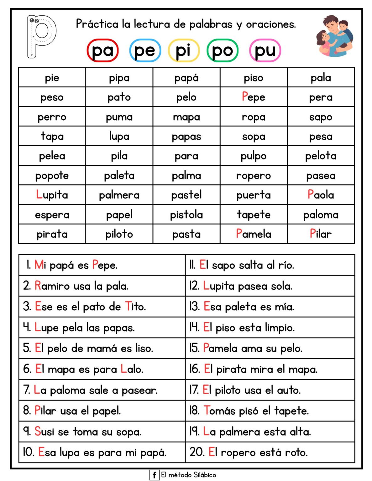Hojas de lectura de palabras y oraciones Parte 1. M, S, T, L, R, P ...